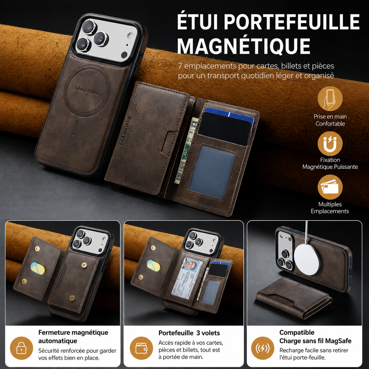 Ultra Premium Pochette+Portefeuille en Cuir 2-en-1 Pour iPhone et Samsung
