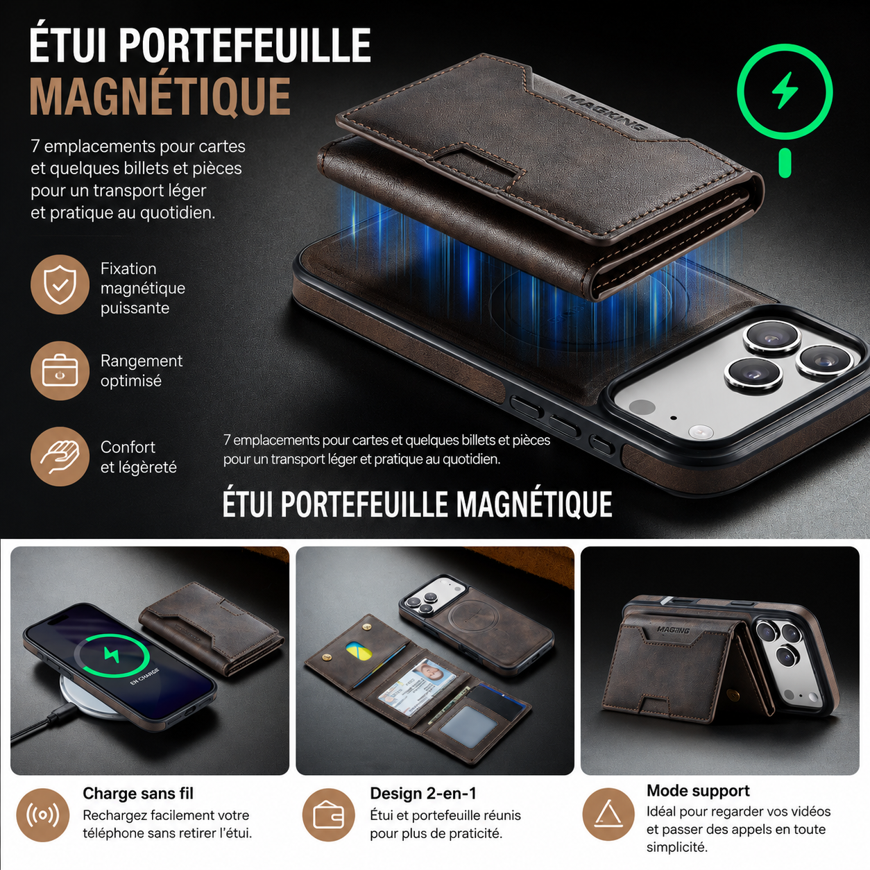 Ultra Premium Pochette+Portefeuille en Cuir 2-en-1 Pour iPhone et Samsung