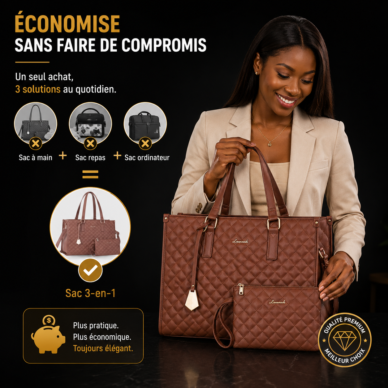 La Parisienne™ | Sac Isotherme 3-en-1 pour Femme – Ordinateur, Repas & Sac à Main