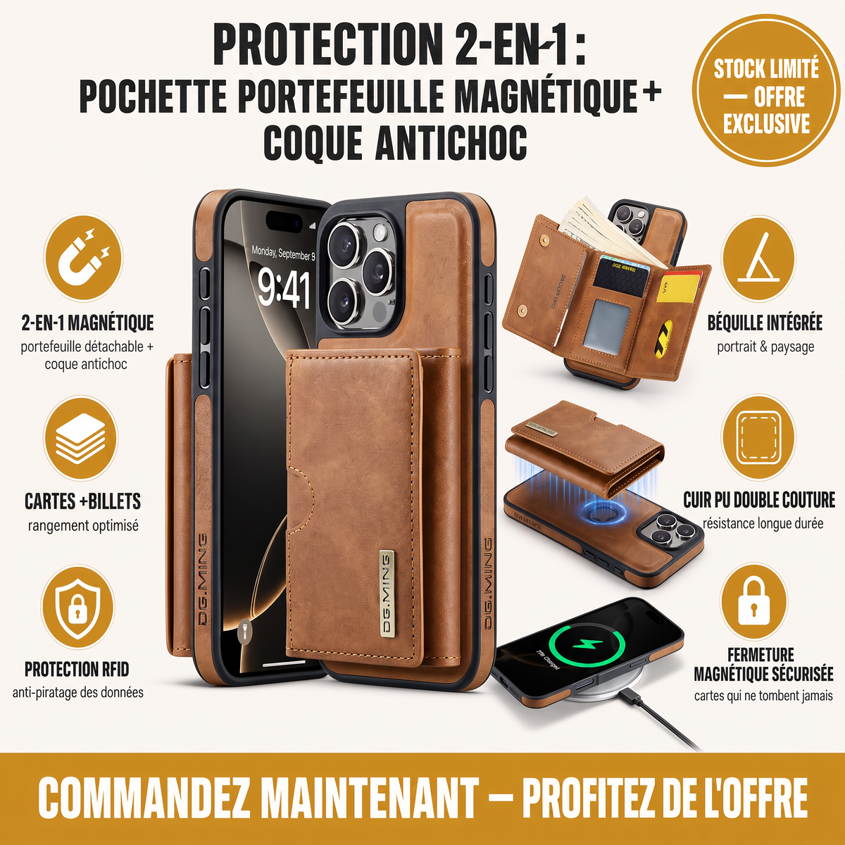 Ultra Premium Pochette+Portefeuille Magnetique en Cuir 2-en-1 Pour iPhone et Samsung