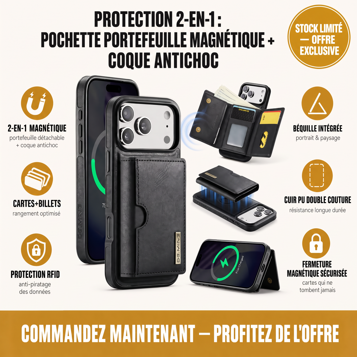 Ultra Premium Pochette+Portefeuille Magnetique en Cuir 2-en-1 Pour iPhone et Samsung