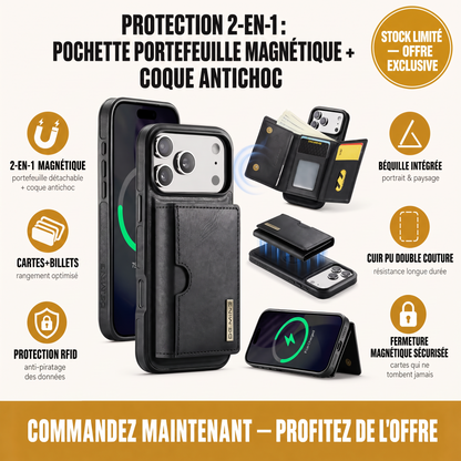 Ultra Premium Pochette+Portefeuille Magnetique en Cuir 2-en-1 Pour iPhone et Samsung