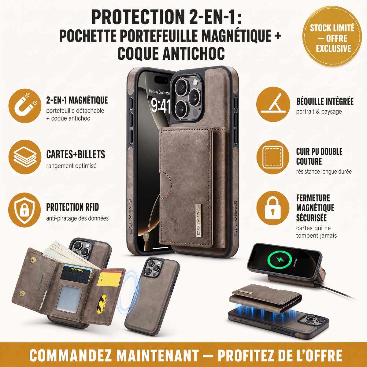 Ultra Premium Pochette+Portefeuille Magnetique en Cuir 2-en-1 Pour iPhone et Samsung
