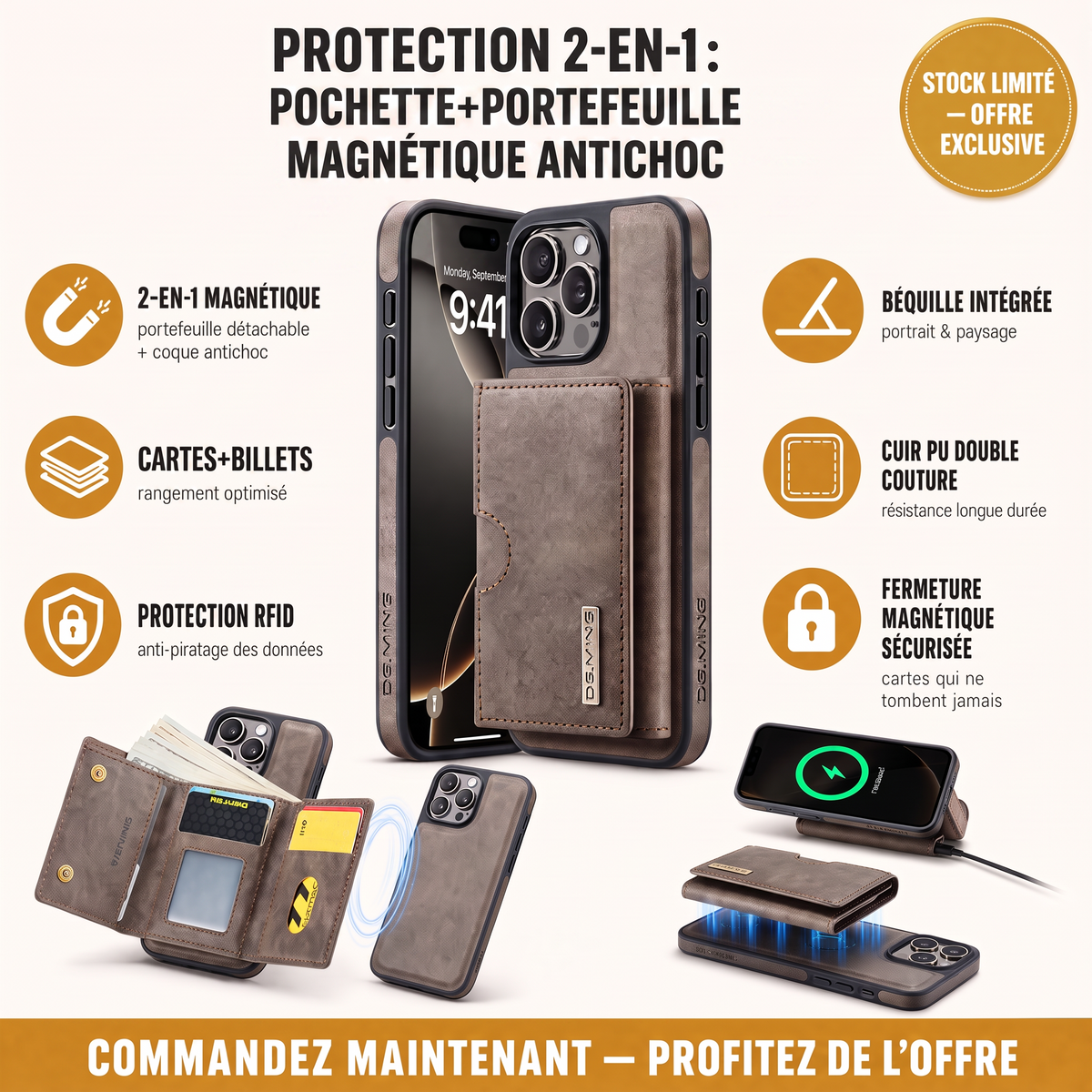 Ultra Premium Pochette+Portefeuille Magnetique en Cuir 2-en-1 Pour iPhone et Samsung